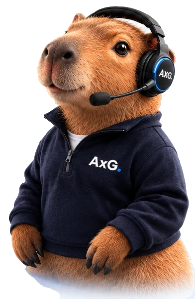 Archie, the AxG AI receptionist, wearing a headset